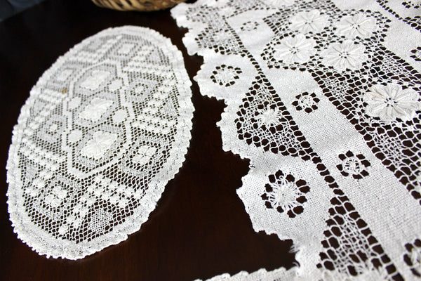 Filet Lace Doilies and Runner, Filet Worked Lace, Needle Lace Tray Cloth 18279