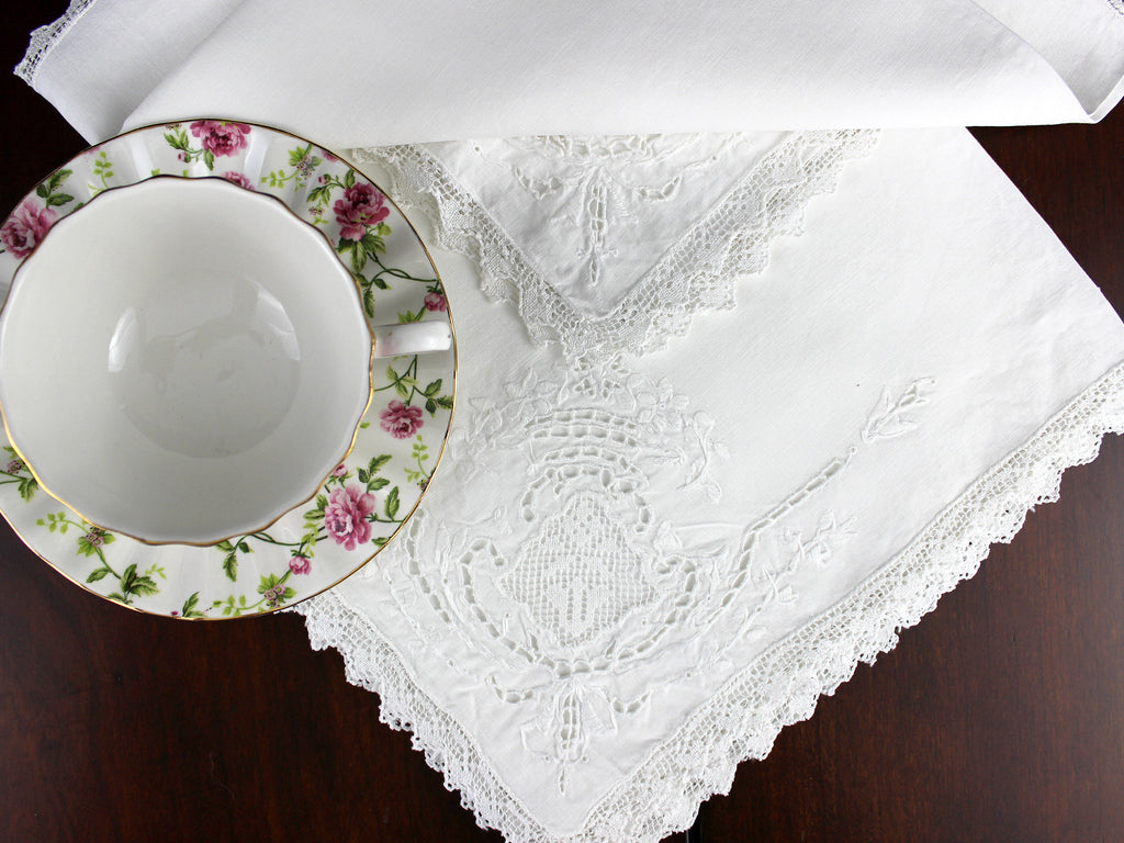 Three Antique Linen Napkins, Cutwork Embroidery, Lace Windows, Italian Needle Lace, Delicate Filet Lace Edging 18293