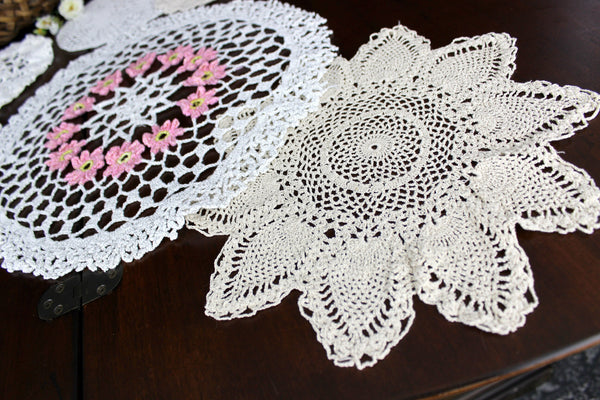 6 Vintage Crochet Doilies, White - Ecru Mix, Handmade Placemats, Doily Lot 18277