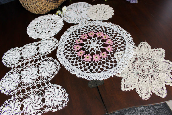 6 Vintage Crochet Doilies, White - Ecru Mix, Handmade Placemats, Doily Lot 18277