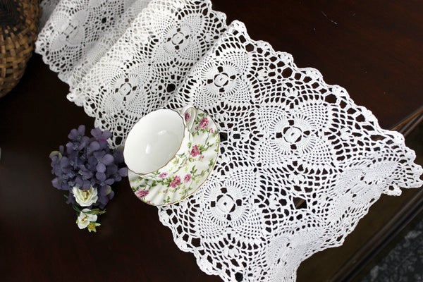 Crochet Table Runner, White Vintage Table Linens, Long White Runner 18305
