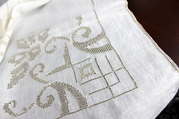 Small Linen Tablecloth, Drawnwork, Pulled Work, Table Cloth 18285