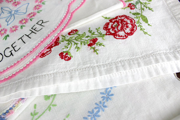5 Embroidered Runners, 2 Doilies, Vintage Linens Lot, Floral Motifs, Crochet Edging 18336