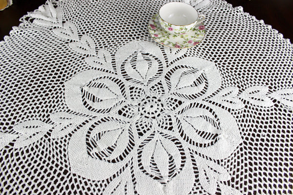 White Crocheted Table Topper, Small Crochet Tablecloth, Handmade Circular Doily 18345