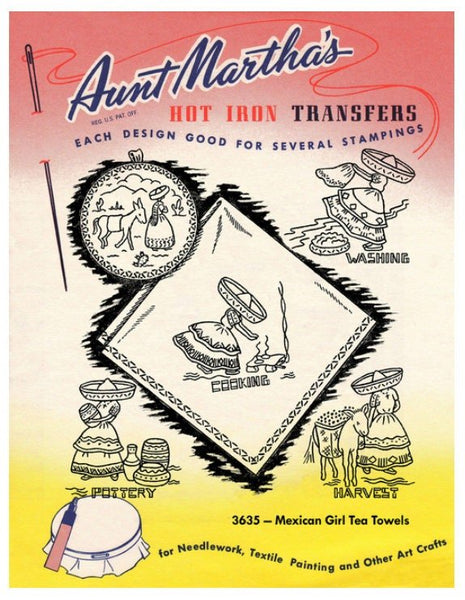 Image Transfers, Mexican Girl Tea Towels, Aunt Martha's 3635, Transfer Pattern, Hot Iron Transfers - The Vintage TeacupHOT IRON TRANSFERS