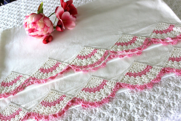 King Cotton Pillow Cases, Pink Crochet Insert & Edging, Pillowcases Matching Pair, Vintage Bed Linens 16960 - The Vintage TeacupVintage Pillowcases
