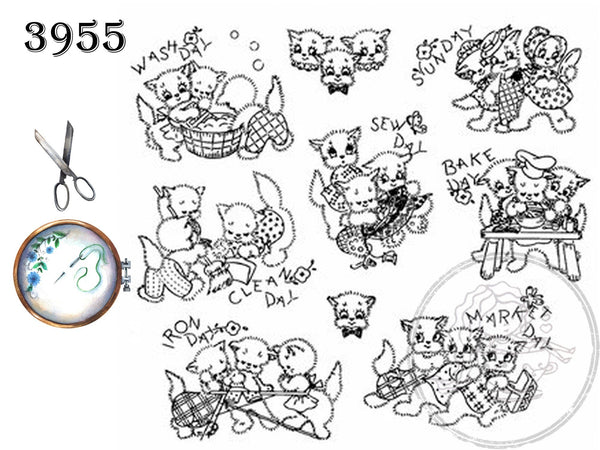 Kitten Motifs, 3955, Aunt Martha's®, Vintage Embroidery, Transfer Pattern, Hot Iron Transfers, Three Kittens - The Vintage TeacupHot Iron Transfers