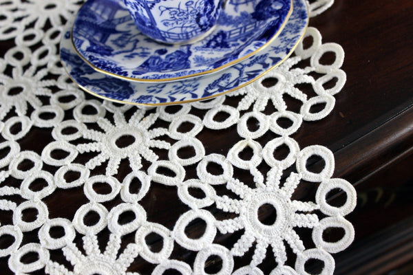 Large Hand Crochet, Diamond-Shaped Doily, Knotted Crochet, White Cotton, Vintage Linens 17633 - The Vintage TeacupDoilies