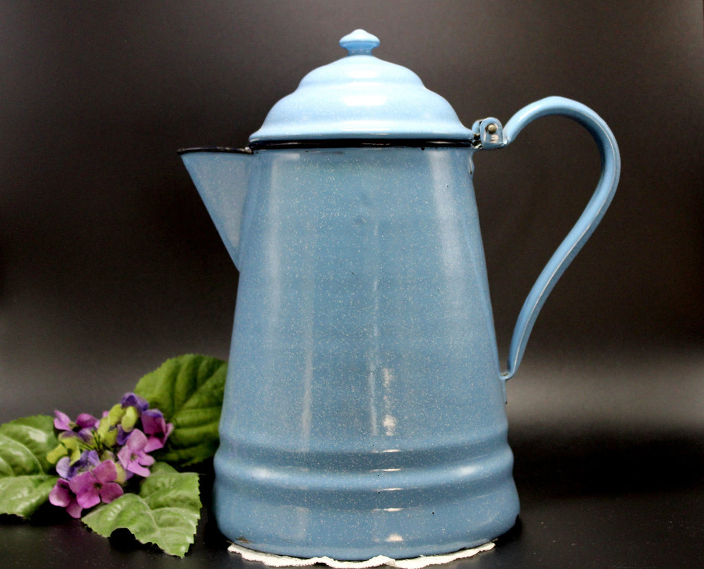 Large Vintage Blue Speckle Enamelware, Granite Ware Coffee Pot, Hinged Lid  14240