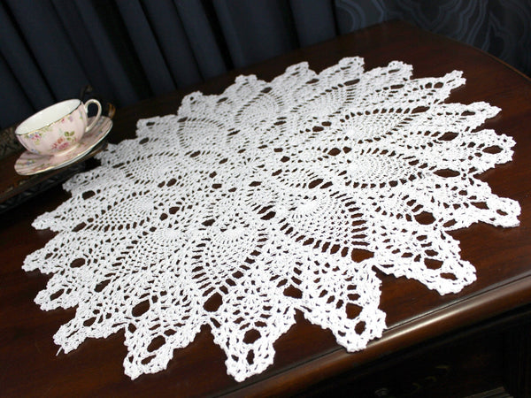 Large Vintage Doily, 22 Inch Crochet Doily, or Centerpiece, Large White Doily, Pineapple Design 18230 - The Vintage TeacupDoilies