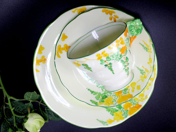 Lawley Trio Teacup, Flower Handle Tea Cup, Saucer & Side Plate, Art Deco English China 14220 - The Vintage TeacupTeacups