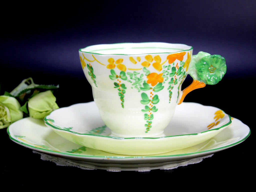Lawley Trio Teacup, Flower Handle Tea Cup, Saucer & Side Plate, Art Deco English China 14220 - The Vintage TeacupTeacups