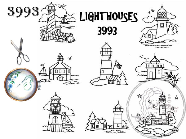 Lighthouses, Aunt Martha's, Pattern 3993, Hot Iron Transfers, NEW Uncut, Unopened, Transfers for Embroidery - The Vintage TeacupHot Iron Transfers