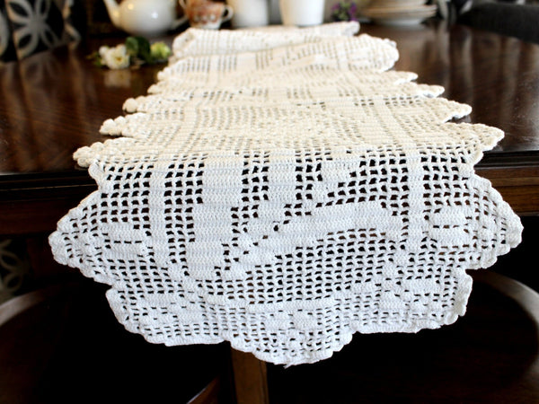 Long Crocheted Table Runner, White Table Scarf, Vintage Table Linens, Handmade 14306 - The Vintage TeacupTable Runners
