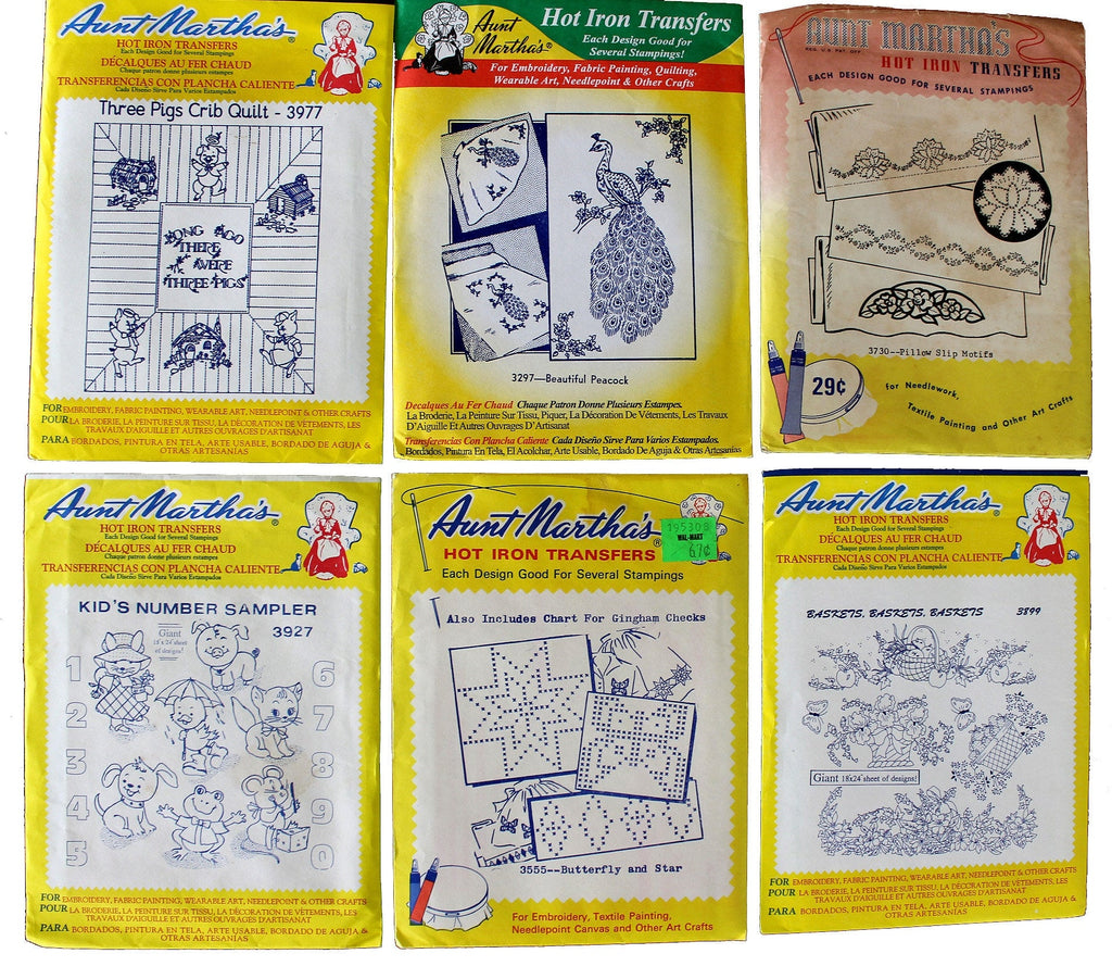 Lot of 6 Aunt Martha's®, Vintage Embroidery, Transfer Patterns, Hot Iron  Transfers, Uncut, Opened Transfers. New/Old Stock 17242