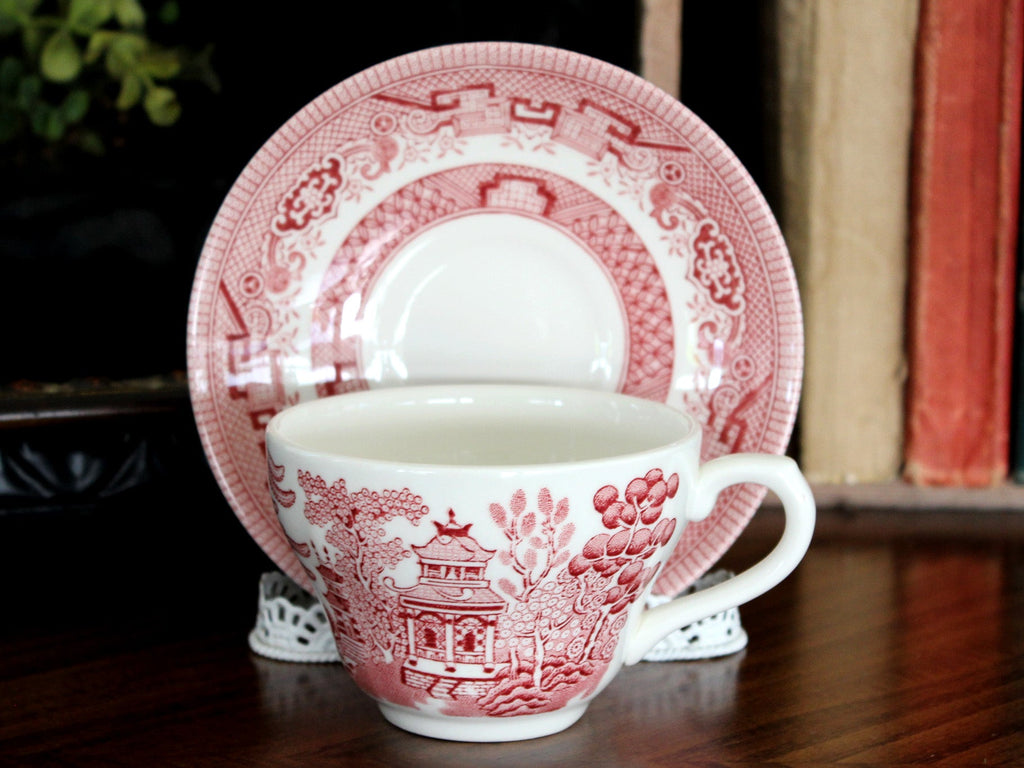 MISMATCHED Red transferware Teacup, Vintage Tea Cup and Saucer