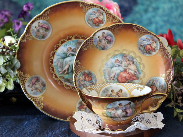 Mitterteich, Pictorial Teacup, Saucer & Side Plate, Trio Gold Trim, Bavaria Germany 16536 - The Vintage TeacupTeacups