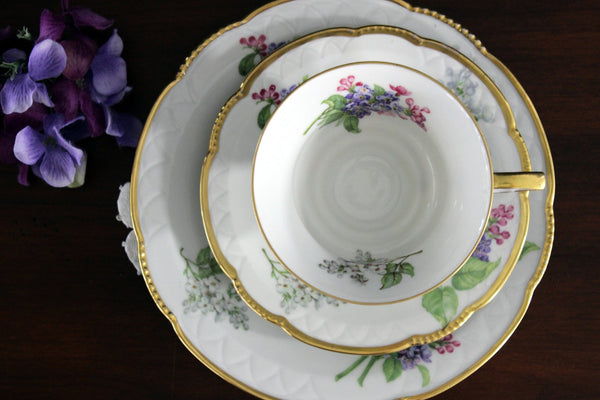 Mitterteich, Teacup, Saucer & Side Plate, Trio Gold Trim, Bavaria Germany, Lilacs 17915 - The Vintage TeacupTeacups