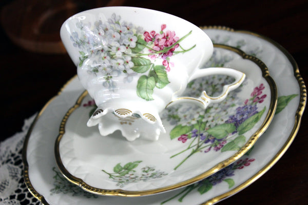 Mitterteich, Teacup, Saucer & Side Plate, Trio Gold Trim, Bavaria Germany, Lilacs 17915 - The Vintage TeacupTeacups