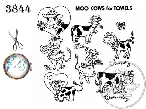 Moo Cows, For Towels, 3844, Aunt Martha's®, Vintage Embroidery, Transfer Pattern, Hot Iron Transfers, Uncut, Cows to Embroider - The Vintage TeacupHot Iron Transfers