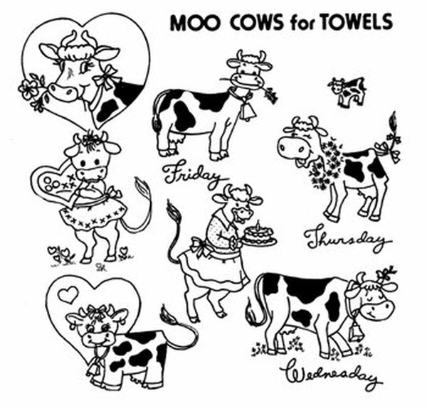 Moo Cows, For Towels, 3844, Aunt Martha's®, Vintage Embroidery, Transfer Pattern, Hot Iron Transfers, Uncut, Cows to Embroider - The Vintage TeacupHot Iron Transfers