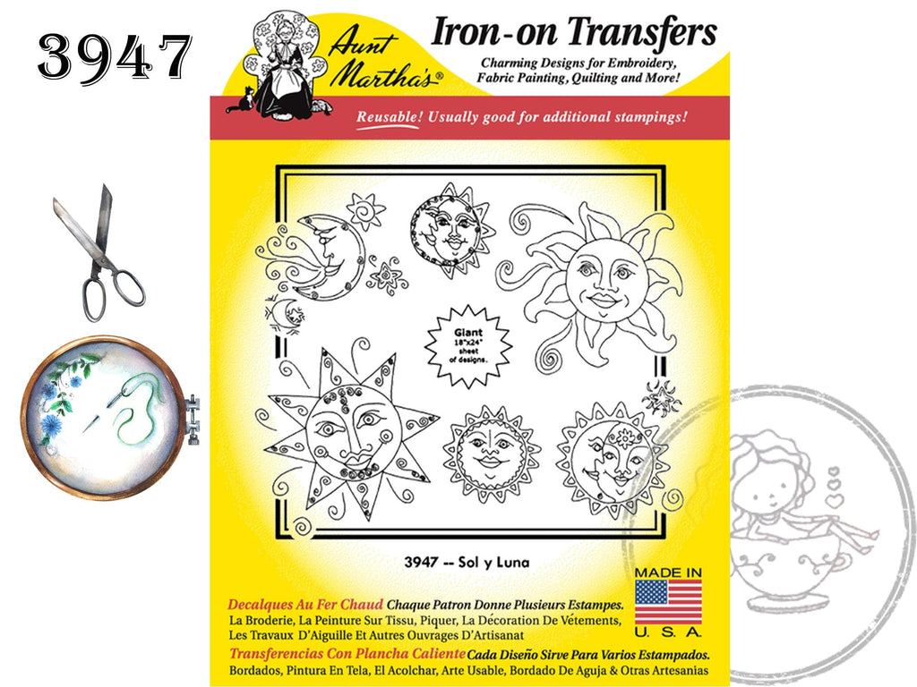 New Aunt Martha's 3947 SOL Y LUNA, NEW Transfer Pattern, Hot Iron Transfers, Uncut, Unopened Transfers - The Vintage TeacupHot Iron Transfers