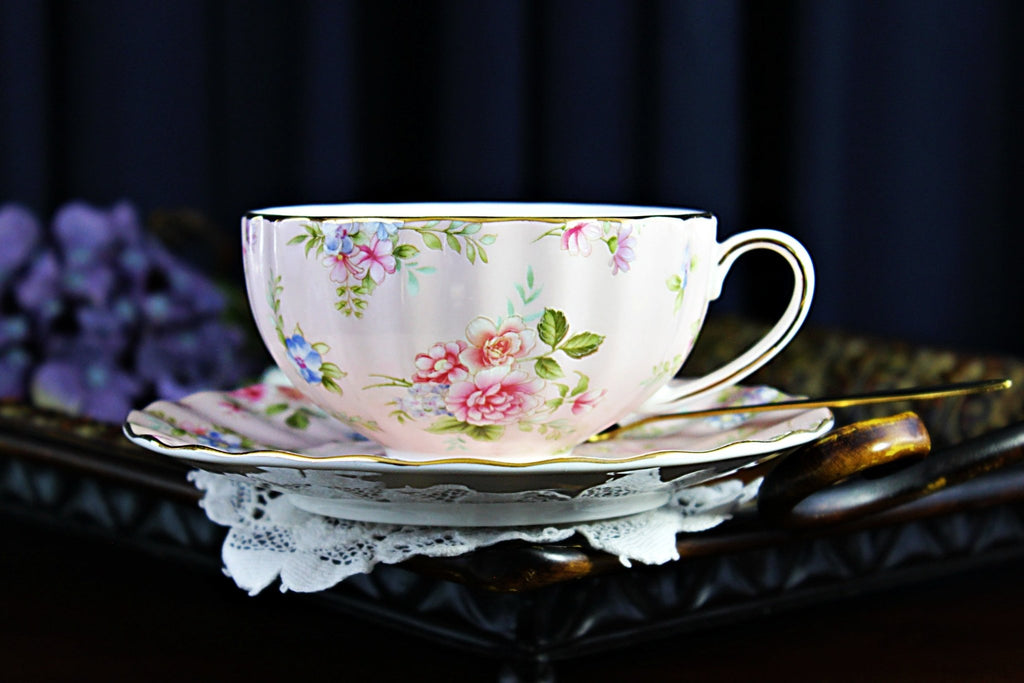 NEW Teacup & Saucer, Soft Pink, Chintz Floral Tea Cup, Made in