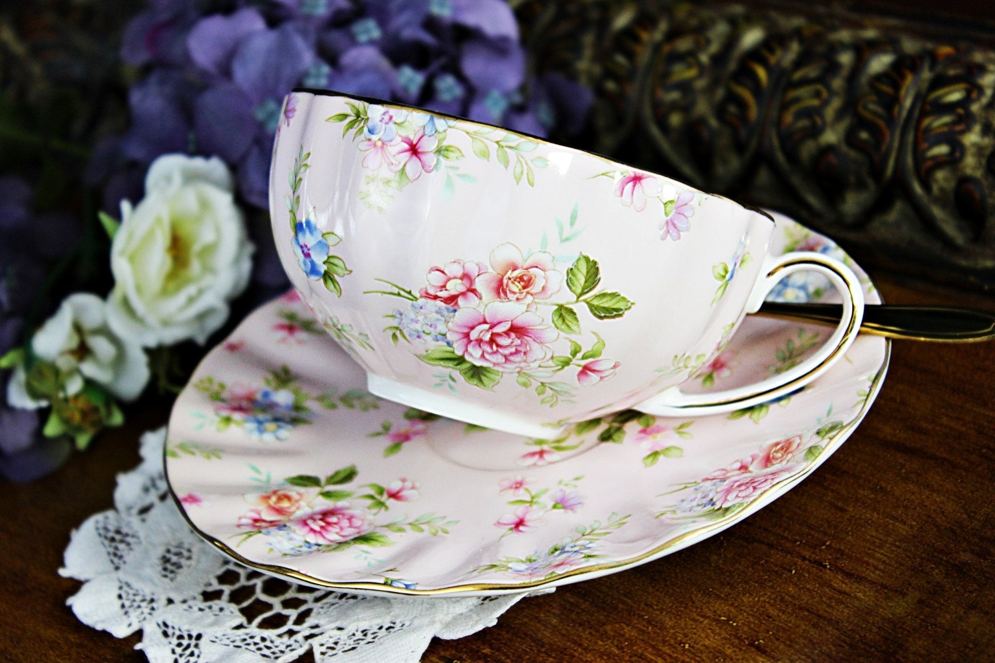 NEW Teacup Saucer, Soft Pink, Chintz Floral Tea Cup, Made in