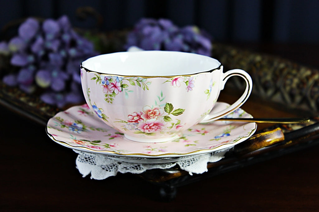 NEW Teacup & Saucer, Soft Pink, Chintz Floral Tea Cup, Made in