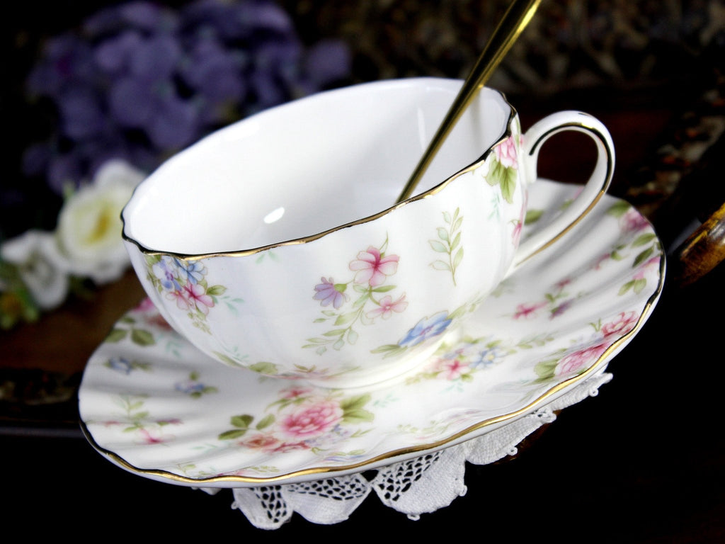 NEW Teacup & Saucer, White Chintz Floral Tea Cup, Made in China 18232 - The Vintage TeacupTeacups
