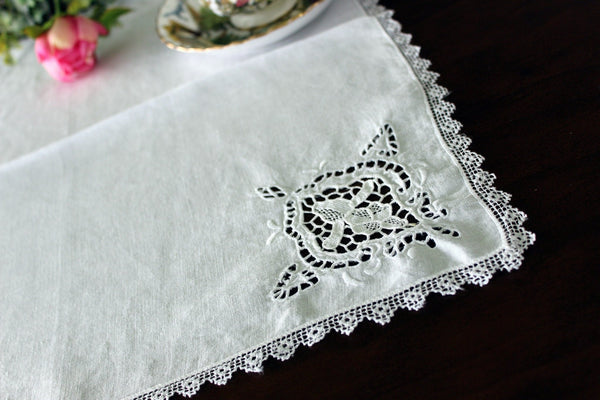 One Antique Linen Napkin, Cutwork Embroidery, Lace Windows, Italian Needle Lace, Delicate Filet Lace Edging 17181 - The Vintage TeacupTablecloths