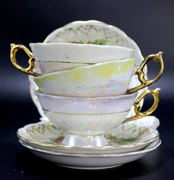 Opalescent Teacups, 3 Pearlized Tea Cups and Saucers, Fruit Motif Mixed 14226 - The Vintage TeacupTeacups