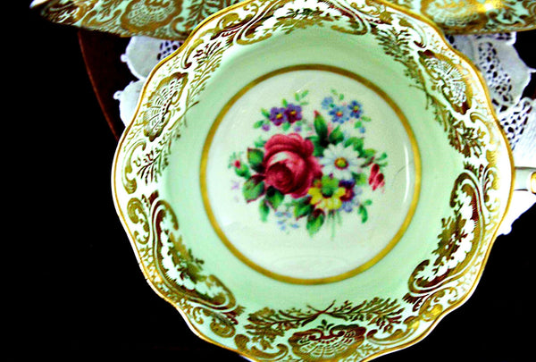 Paragon Bone China, Tea Cup, Minty Green Bands, Mixed Florals, Teacup & Saucer 18141 - The Vintage TeacupTeacups
