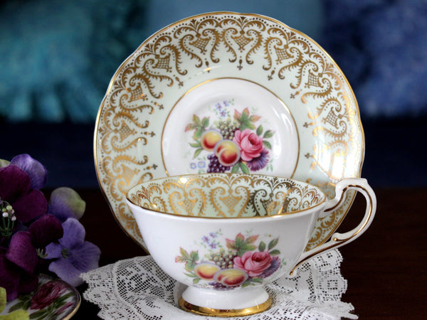 Paragon Bone China Tea Cup, Minty Green with Fruit, Teacup & Saucer 16067 - The Vintage TeacupTeacups