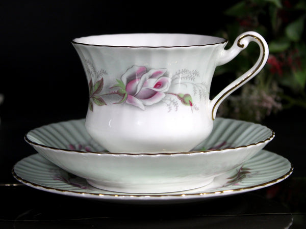 Paragon Cup, Saucer and Side Plate, Pale Green Banding with Roses, Teacup Trio 18107 - The Vintage TeacupTeacups