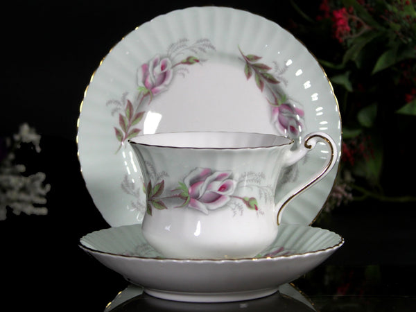 Paragon Cup, Saucer and Side Plate, Pale Green Banding with Roses, Teacup Trio 18107 - The Vintage TeacupTeacups