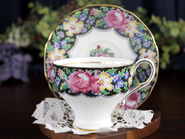 Paragon Gingham Rose, Teacup & Saucer Set, Needle Point Chintz, Cup and Saucer 17800 - The Vintage TeacupTeacups