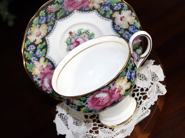 Paragon Gingham Rose, Teacup & Saucer Set, Needle Point Chintz, Cup and Saucer 17800 - The Vintage TeacupTeacups