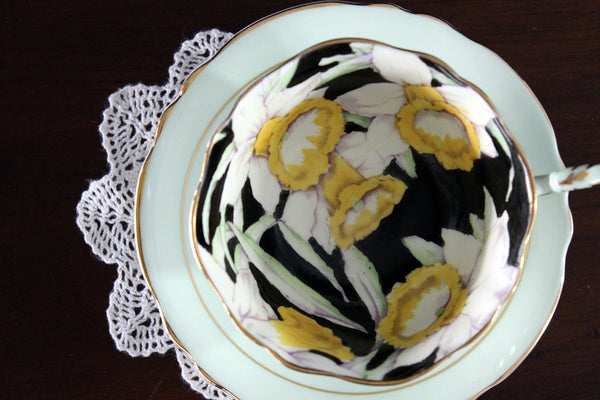 Paragon Mint Green, Teacup & Saucer, Daffodil Hand Painted Interior 17561 - The Vintage TeacupTeacups