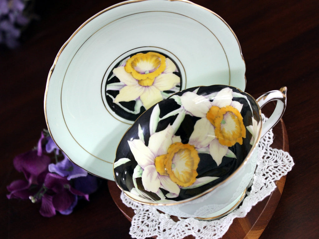Paragon Mint Green, Teacup & Saucer, Daffodil Hand Painted Interior 17678 - The Vintage TeacupTeacups