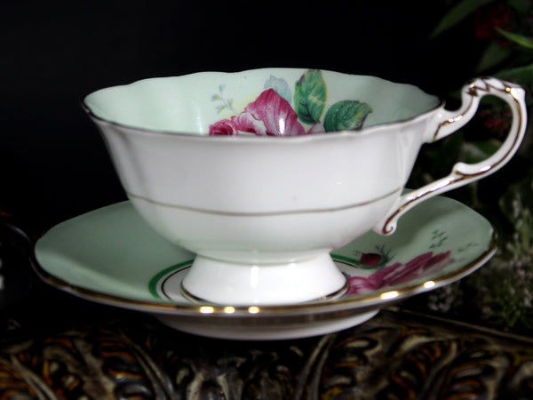 Paragon Tea Cup, Minty Green with Pink Cabbage Rose, Teacup & Saucer, England 18112 - The Vintage TeacupTeacups