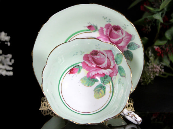 Paragon Tea Cup, Minty Green with Pink Cabbage Rose, Teacup & Saucer, England 18112 - The Vintage TeacupTeacups