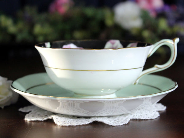 Paragon Teacup & Saucer, Mint Green, Roses Hand Painted Interior 17578 - The Vintage TeacupTeacups