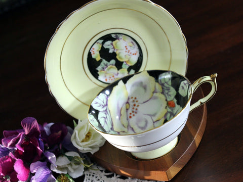Paragon Tea Cup and Saucer England Pink Yellow Roses Gray small