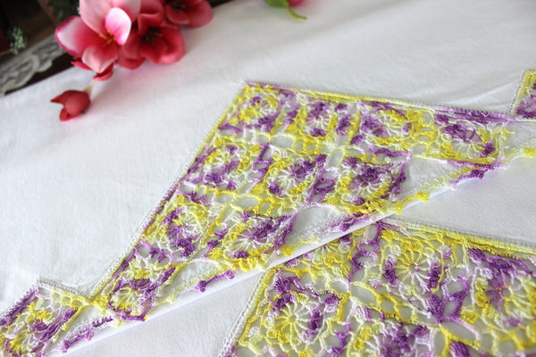 Pillowcases Matching Pair, Vintage Bed Linens, Cotton Pillow Cases, Variegated Yellow and Purple Crochet Insert & Edging 17018 - The Vintage TeacupVintage Pillowcases