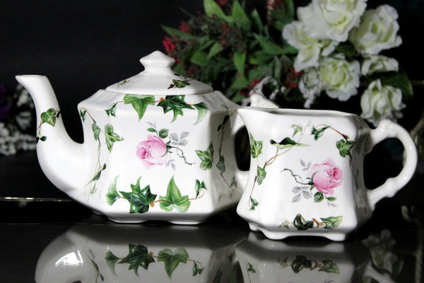 Pink Rose Single Serve Tea Pot, and Matching Creamer, Small Teapot, England -J - The Vintage TeacupTeapots