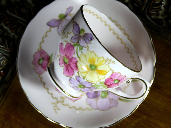 Pink Tuscan Teacup, Vintage Floral Tea Cup & Saucer, Made in England -J - The Vintage TeacupTeacups