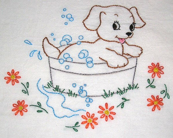Puppy Tales, 3879, Aunt Martha's®, Vintage Embroidery, Transfer Pattern, Hot Iron Transfers, Uncut, Unopened Transfers, Puppy Embroidery - The Vintage TeacupHot Iron Transfers