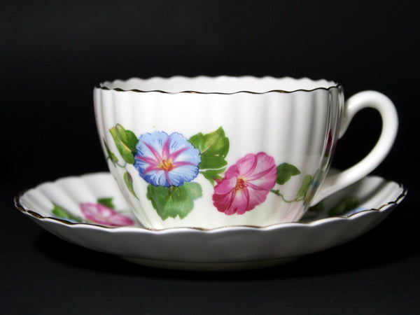 Radfords Cup and Saucer - Morning Glory Flowers, Ribbed Teacup, England -J - The Vintage TeacupTeacups