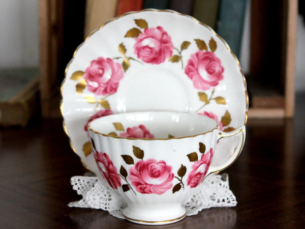 Radfords Cup and Saucer - White with Pink Cabbage Roses 15341 - The Vintage TeacupTeacups